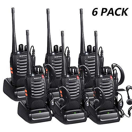 6 Pack BF-888S Long Range Walkie Talkies 5W 16CH Portable Handheld Two-way Radio with USB Rechargeable Li-ion Battery and LED Light Voice Prompt for Field Survival Biking and Hiking
