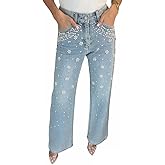 Women's Rhinestone Jeans Baggy Y2K High Waisted Straight Wide Leg Pearl Sparkly Denim Pants Bling Glitter Trousers