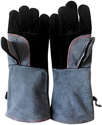 CKBAKIE Leather Grill BBQ Gloves Heat Resistant Cooking Baking Barbecue Gloves 40CM CK015 (Black &amp; Grey)