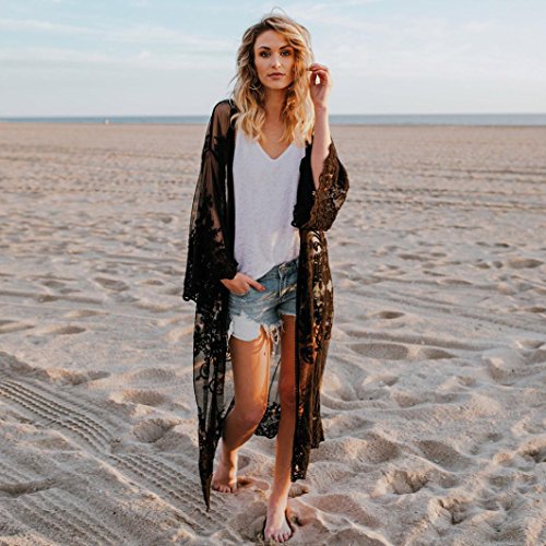 image for Funic Women Lace Bohemian Beachwear Oversized Long Kimono Cardigan Coa