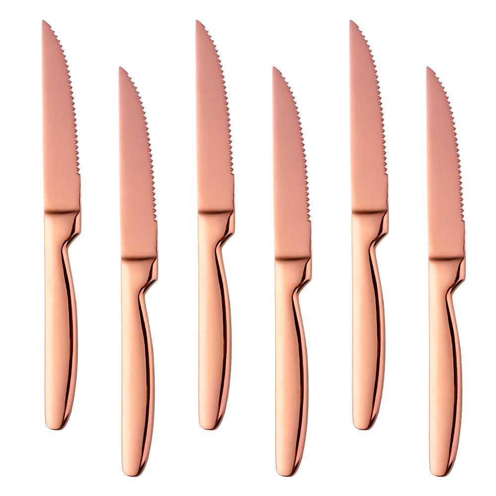 BISDARUN Stainless Steel Serrated Steak Knives Set of 6, Rose Gold Coloured Dinner Knives Table Knifes Thick Cutlery Knives for Cutting Steak Meat 8.66 inches (22cm)