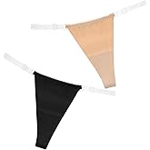 DIVINA VITAE Women's 2 Pack Clear Strap Thong Adjustable G String Thongs Invisible T-Back Underwear No Show Underwear Panties Black and Nude