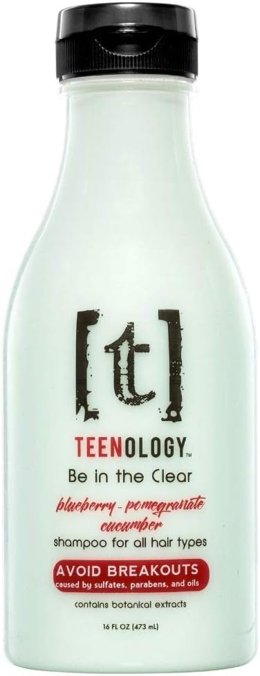 TEENOLOGY Shampoo for Teens - Avoid Forehead Acne and Breakouts - No Sulfates or Parabens, Noncomedogenic, Natural Botanical Extracts, Blueberry Pomegranate Cucumber - 16 oz.