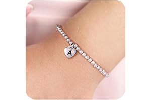 Anoup Silver Initial Bracelets for Women - Stainless Steel Beaded Bracelets, Letter Heart Charm Friendship Bracelets | Cute Silver Jewelry for Women Girls