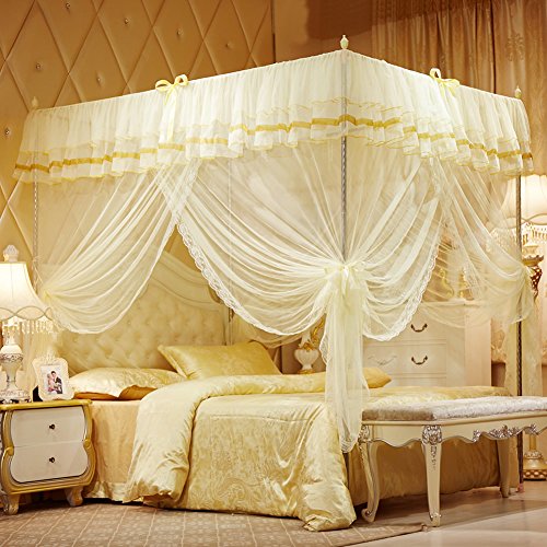 Uozzi Bedding 4 Corners Post Beige Canopy Bed Curtain for Girls & Adults - Cute Cozy Drape Square Netting for Twin Bed - 4 Opening 47" W x 78" L Mosquito Net - Princess Bedroom Decoration