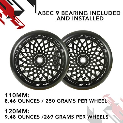 Root Industries 110mm Lotus Stunt Trick Scooter Wheels (Pair) - Wide Fast Hollowcore - Kick Push Scooter Tires - Pro 110mm Freestyle Urethane - Fit Most Setups - 30mm x 110mm - Bearings (Black) - Thumbnail 3