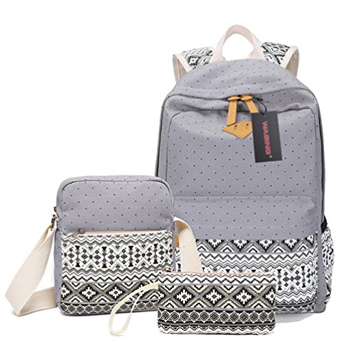 WASING Canvas Dot Backpack Cute Lightweight Teen Girls Backpacks School Shoulder Bags WS-RS-3PGrey
