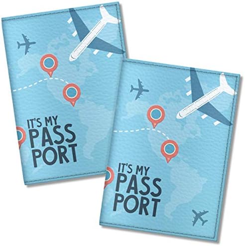 Cute Vegan Eco Leather Passport Cover for Women, Men, Kids (Airplane, 2 pcs)