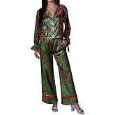 NUFIWI Christmas Bow Tie Front Pajamas for Women Cute Print Long Sleeve Shirts Pants 2 Pieces Xmas Satin Pjs Loungewear Sets