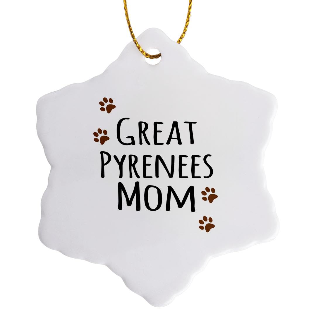 3dRose Pyrenees Dog Mom Breed-Brown Muddy Paw Prints-Doggy Lover Pet Owner Mama Love Snowflake Ornament, Porcelain, Multi-Colour, 3-Inch