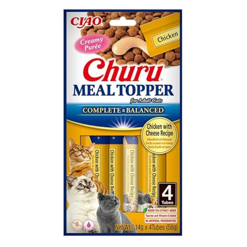 Churu Meal Toppers by INABA Cat Treat - Chicken with Cheese Recipe (4 x 14g) / Soft & Creamy, Delicious & Healthy Puree Food Topper, Natural, Grain Free, Wet Cat Food