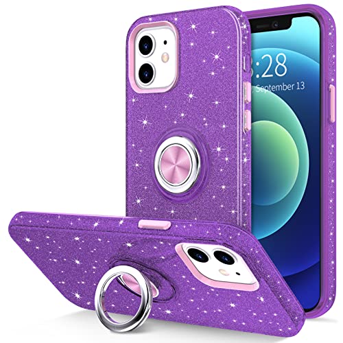 Hython Case for iPhone 12 Case & iPhone 12 Pro Case with Ring Stand, 360° Rotatable Ring Holder Magnetic Kickstand, Cute Glitter Bling Sparkle Shockproof Protective Phone Case Cover, Purple Glitter