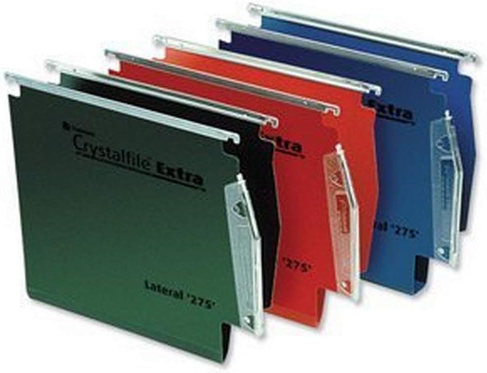 Rexel 275 Lateral Hanging Files with Tabs and Inserts, 30 mm base, Polypropylene, Red, Crystalfile Extra, Pack of 25, 70641