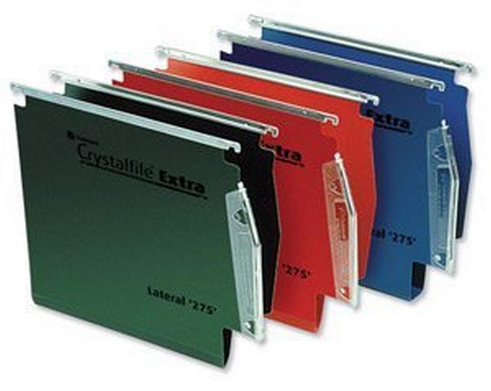 Rexel 275 Lateral Hanging Files with Tabs and Inserts, 30 mm base, Polypropylene, Red, Crystalfile Extra, Pack of 25, 70641