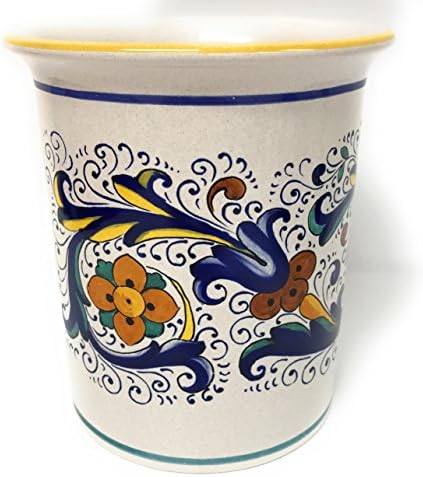 Made In Italy | Vibrant Blue, Yellow, Green on White Ceramic Wine Bucket | Utensil Holder | 5.25 inches x 6 inches tall