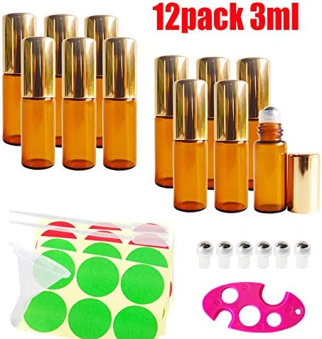 GreatforU 12 Pack 3ml Empty Amber Glass Roll-on Bottles for Essential Oil Perfume Sample, w/free 2x 0.5ml Droppers, Mini Funnel, Bottle Opener, Extra 6 Stainless Steel Roller Balls, 24 Piece Labels