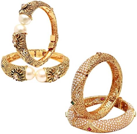 Beautiful Bollywood Ethnic Style Pearl Ruby Green Kada Bangle Set Partywear Indian Wedding Jewelry Combo Pack of 2 Set (2.6)