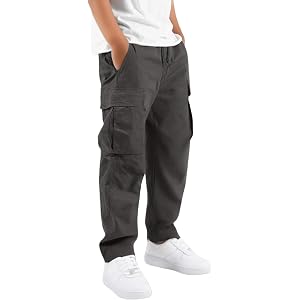Cargo Pants for Boys High Waist Cotton Twill Casual Outdoor Hiking Sweatpants Straight Leg Pants for Teen Boys 5-16Years