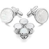 Mens Silver and White Mother of Pearl Tuxedo Cufflinks Studs Formal Set with Travel Presentation Box