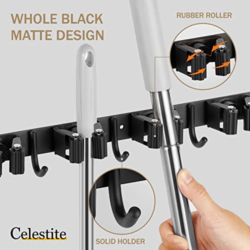 Celestite Mop and Broom Holder Wall Mount, 1+1 Pack Broom Organizer Wall Mount, Stainless Steel Broom hanger, Heavy Duty Broom Holder for Laundry Room, Garden, Garage, Bathroom