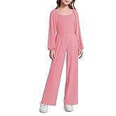 Haloumoning Girls Jumpsuit Kids Long Sleeve Smocked Wide Leg Romper 4-14 Years