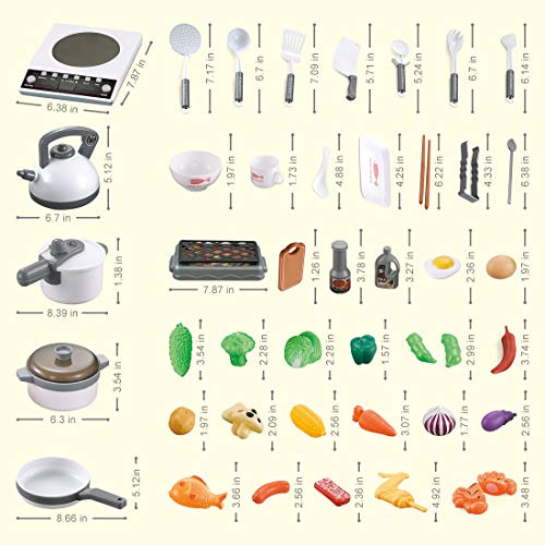QUQUMA 52PCS Kitchen Play Toys, Pretend Play Cookware Set with Pots and Pans, BBQ Toy, Cutting Vegetables, Play Food and Cooking Utensil for Kids 3+ Year Old