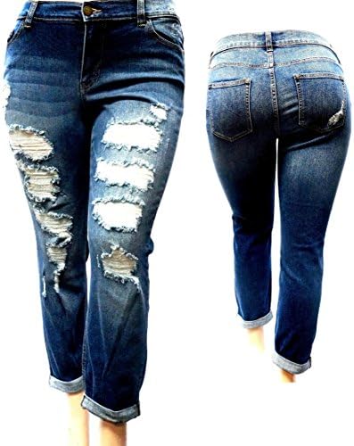 Jack David Womens Plus Size Ankle Skinny Basic Denim Jeans Ripped Distressed Strech Pants