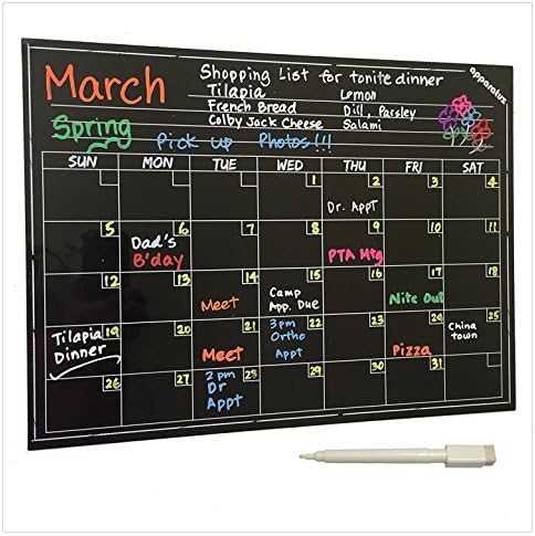Magnetic Calendar - Smart Dry Erase Board For Your Refrigerator, Kitchen &amp; Office. Stylish Black Chalkboard Monthly Design Planner For All Your Kids Activities + 1 White Liquid Chalk Marker (16"x12")