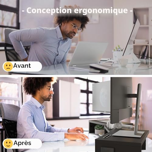 BONTEC Dual Monitor Stand, Desktop PC Monitor Riser, Wooden Desk Organizer, Adjustable Length and Angle for Portable Monitor and PC Monitor, Black