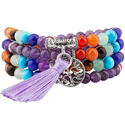 Sunyik 7 chakra stone 108 purple amethyst wrist mala br…
