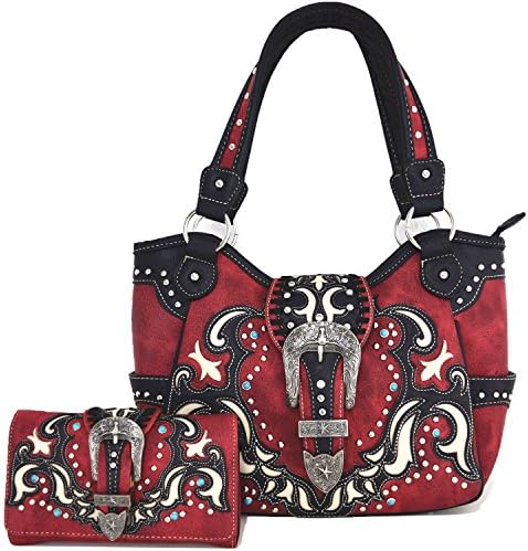 Western Cowgirl Concealed Carry Country Belts Buckle Purse Handbag Messenger Shoulder Bag Wallet Set Red