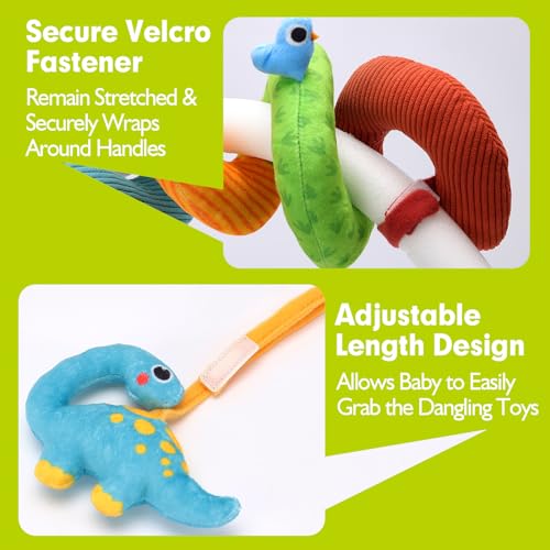 hahaland Prams Toys Babies 0 3 6 Months, Spiral Baby Carriage Hanging Toys Babies 6-12 Months, Plush Dinosaurs with Sounds Interactive Gifts for Baby