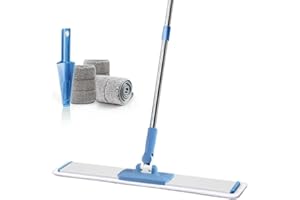 CQT Commercial Flat Microfiber Floor Mop Cleaning System 24" Inch Wet Dry and Dust Hardwood with 4 Washable Pads Cleaner for Laminate Tile Stainless Steel Handle and Extension (Blue)