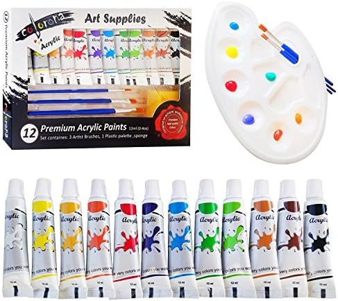 Colorona Acrylic Paint Set with Palette, 3 Paint Brushes and Sponge, 12 ml (12 Colors) For Canvas,Rocks,Wood,Ceramic,Fabric &amp; Crafts. Great For Kids, Beginners,Students &amp; Professional Artist
