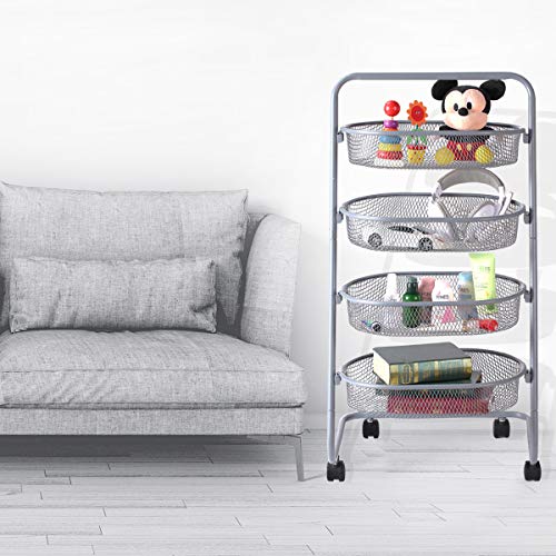 Buruis 4 Tier Utility Cart, Mesh Wire Rolling Cart Multifunction Storage Cart with Wheels for Bathroom/Kitchen/Living Room, Steel Wire Basket Shelving Trolley, Easy Assembly (Grey) - Thumbnail 6