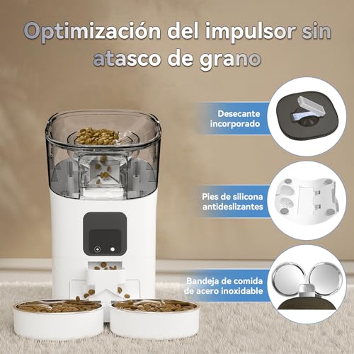 LOKOOY 7L Comedero Automático Para Gatos Con Doble Bol de Acero Inoxidable,Control APP, Comedero WiFi,Dispensador de Comida Para Perro y Gato Con Temporizador, Voz de 10 Segundos，Alimentador Para Gato