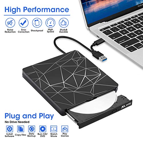 External DVD Drive, M WAY USB 3.0 External CD Player, Portable USB C DVD CD RW Optical Drive, DVD CD ROM USB Burner Writer, for Laptop PC Mac MacBook Pro Air OS Windows 7 8 10 Linux