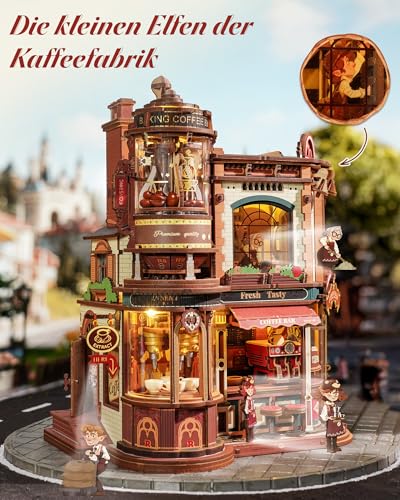 ROKR Dream Coffee Factory EAB02 DIY Miniature Dollhouse Music Box for Adults, Mechanical Coffee Factory Model with Moving Parts, LED Lighting and Jazz Music, Creative Gift