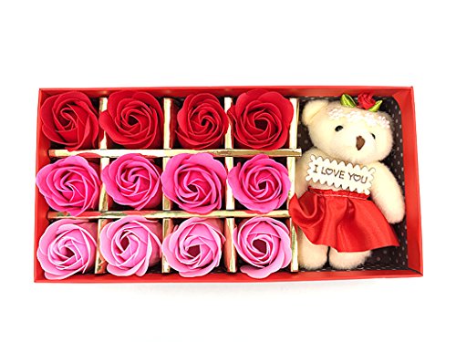 Kinteshun Bath Soap Rose Flower,Flora Scented Rose Petal Bouquet Gift Box I Love You Little Bear Doll(12pcs Rose,Gradually Varied Red) - Thumbnail 2