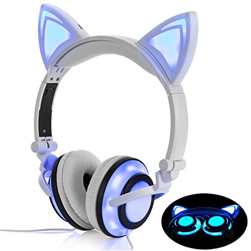 Headphone Cat Ear Headset,LED Light with USB Chargeable Foldable Earphones for Kids Teens Adults, Compatible for Ipad,Tablet,Computer,Mobile Phone LX-R107 (white)