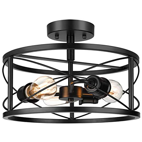 SunRider Industrial 3-Light Semi Flush Mount Ceiling Light, Modern Farmhouse Lighting Fixture with Metal Cage, Black Retro Pendant Lamp for Hallway