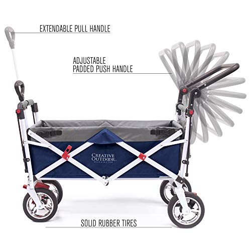 Creative Outdoor Push Pull Collapsible Folding Wagon Stroller Cart for Kids | Silver Series | Beach Park Garden & Tailgate | Navy Blue