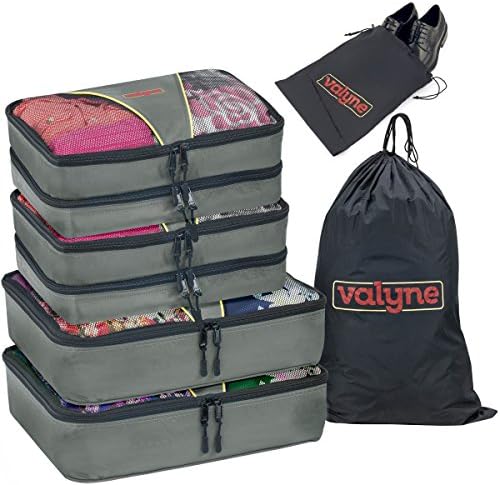 Valyne Mesh Nylon 6-pcs Packing Cubes Set, Travel Accessories Luggage Organizer Bags with Laundry Shoe Bag (Medium Packs Double Compartment) (Grey)