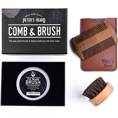 Beard Comb and Brush Set for Men - Wooden Beard Comb Sandalwood Beard Comb - Natural Horse Hair Bristle Brush - Perfect for Beard Balms & Oils â€“ Soften and Condition Itchy Beards - 2 Year Warranty