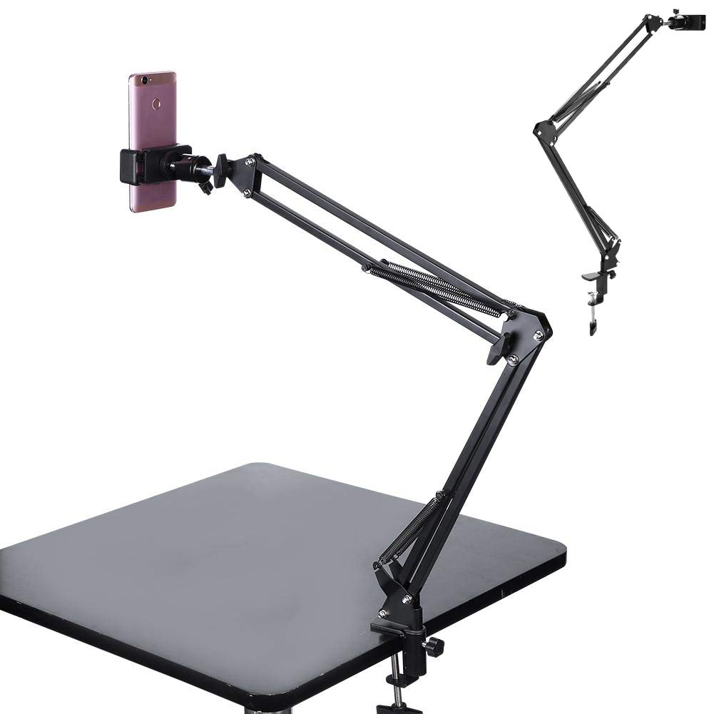 Universal Cell Phone Lazy Holder Bracket,Portable Desktop Hand Free Flexible Articulating Scissor Long Arm 360 Rotation Mobile Phone Mount with Phone Clip for Home,Office,Photography,Live Video