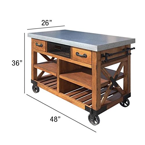 Major-Q 48" Industrial Style Distressed Antique Oak Finish Dining Storage Kitchen Island Cart with Caster Wheels, 9098182 - Thumbnail 6