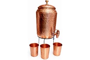 5 Litre Copper Water Dispenser with Stand and 3 Glasses | BPA Free, Non-Toxic | Hammered Texture, Rustproof & Durable | Leak 