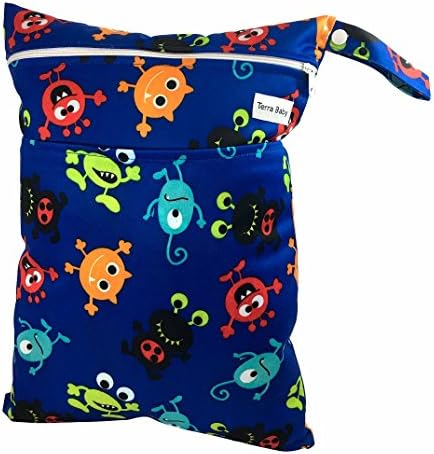 Baby Wet and Dry Bag for Diapers, Burp Cloths and more - Reusable and Waterproof (Blue Monster Madness)