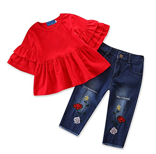 2Pcs Toddler Baby Girls Ruffle Tops Flower Distressed Denim Pants Outfit Set (Red, 90/Fit 2-3T)