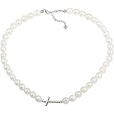 925 Sterling Silver Sideways Cross Charm Freshwater Cultured White Baroque Pearl Necklaces